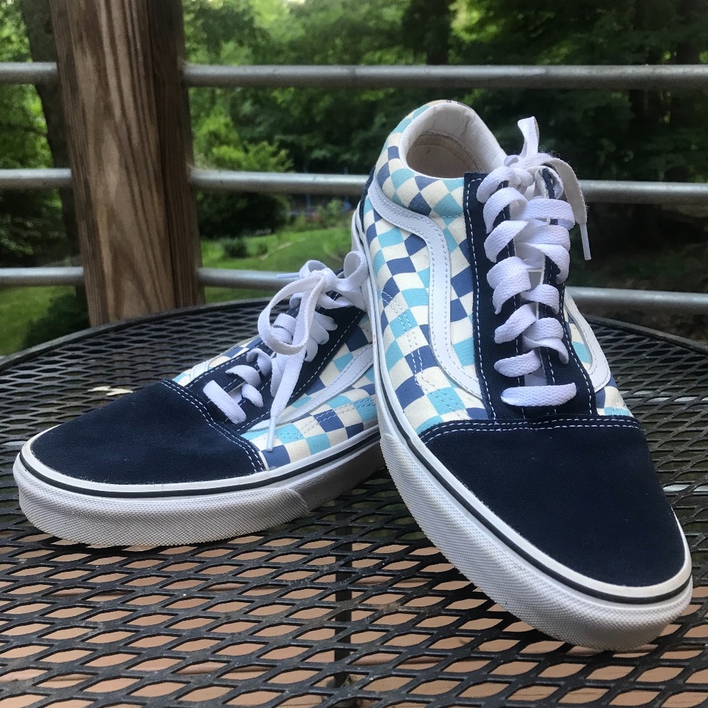 Vans “Off the Wall” Blue checkered with navy faux suede accents . Men’s size 10